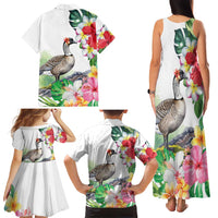 Aloha Hawaii Nene Goose Family Matching Tank Maxi Dress and Hawaiian Shirt Tropical Flowers Watercolor Stylized - Polynesian Pride