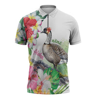 Aloha Hawaii Nene Goose Zipper Polo Shirt Tropical Flowers Watercolor Stylized LT14 White - Polynesian Pride