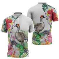 Aloha Hawaii Nene Goose Zipper Polo Shirt Tropical Flowers Watercolor Stylized LT14 - Polynesian Pride