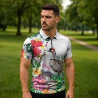 Aloha Hawaii Nene Goose Zipper Polo Shirt Tropical Flowers Watercolor Stylized - Polynesian Pride