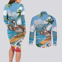 Aloha Hawaii Shaka Nene Goose Couples Matching Long Sleeve Bodycon Dress and Long Sleeve Button Shirt Surfing Take It Easy - Polynesian Pride