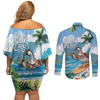 Aloha Hawaii Shaka Nene Goose Couples Matching Off Shoulder Short Dress and Long Sleeve Button Shirt Surfing Take It Easy - Polynesian Pride