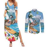 Aloha Hawaii Shaka Nene Goose Couples Matching Summer Maxi Dress and Long Sleeve Button Shirt Surfing Take It Easy - Polynesian Pride