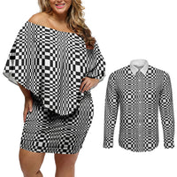 Black White Filipino Binakol Motifs Couples Matching Off Shoulder Short Dress and Long Sleeve Button Shirt Mabuhay Philippines Festival Kusikus Pattern