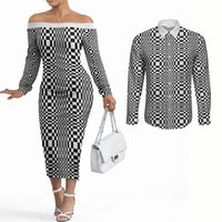 Black White Filipino Binakol Motifs Couples Matching Off The Shoulder Long Sleeve Dress and Long Sleeve Button Shirt Mabuhay Philippines Festival Kusikus Pattern