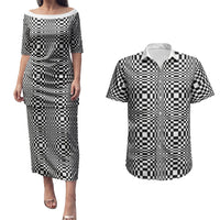 Black White Filipino Binakol Motifs Couples Matching Puletasi and Hawaiian Shirt Mabuhay Philippines Festival Kusikus Pattern