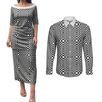 Black White Filipino Binakol Motifs Couples Matching Puletasi and Long Sleeve Button Shirt Mabuhay Philippines Festival Kusikus Pattern