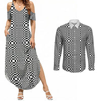 Black White Filipino Binakol Motifs Couples Matching Summer Maxi Dress and Long Sleeve Button Shirt Mabuhay Philippines Festival Kusikus Pattern