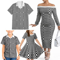 Black White Filipino Binakol Motifs Family Matching Off The Shoulder Long Sleeve Dress and Hawaiian Shirt Mabuhay Philippines Festival Kusikus Pattern