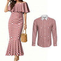 Red White Filipino Binakol Motifs Couples Matching Mermaid Dress and Long Sleeve Button Shirt Mabuhay Philippines Festival Kusikus Pattern