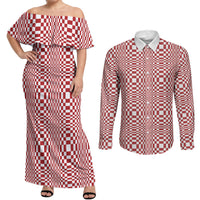 Red White Filipino Binakol Motifs Couples Matching Off Shoulder Maxi Dress and Long Sleeve Button Shirt Mabuhay Philippines Festival Kusikus Pattern