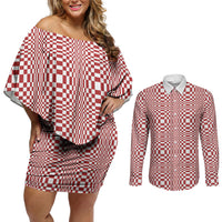 Red White Filipino Binakol Motifs Couples Matching Off Shoulder Short Dress and Long Sleeve Button Shirt Mabuhay Philippines Festival Kusikus Pattern