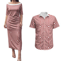 Red White Filipino Binakol Motifs Couples Matching Puletasi and Hawaiian Shirt Mabuhay Philippines Festival Kusikus Pattern