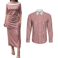 Red White Filipino Binakol Motifs Couples Matching Puletasi and Long Sleeve Button Shirt Mabuhay Philippines Festival Kusikus Pattern