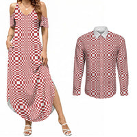 Red White Filipino Binakol Motifs Couples Matching Summer Maxi Dress and Long Sleeve Button Shirt Mabuhay Philippines Festival Kusikus Pattern
