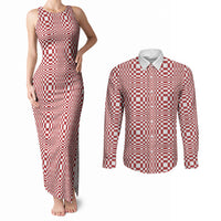 Red White Filipino Binakol Motifs Couples Matching Tank Maxi Dress and Long Sleeve Button Shirt Mabuhay Philippines Festival Kusikus Pattern
