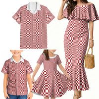 Red White Filipino Binakol Motifs Family Matching Mermaid Dress and Hawaiian Shirt Mabuhay Philippines Festival Kusikus Pattern