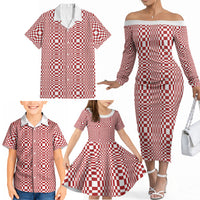 Red White Filipino Binakol Motifs Family Matching Off The Shoulder Long Sleeve Dress and Hawaiian Shirt Mabuhay Philippines Festival Kusikus Pattern