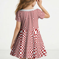 Red White Filipino Binakol Motifs Kid Short Sleeve Dress Mabuhay Philippines Festival Kusikus Pattern