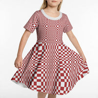 Red White Filipino Binakol Motifs Kid Short Sleeve Dress Mabuhay Philippines Festival Kusikus Pattern