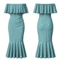 Cyan Filipino Binakol Motifs Couples Matching Mermaid Dress and Long Sleeve Button Shirt Mabuhay Philippines Festival Kusikus Pattern
