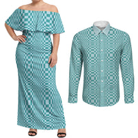 Cyan Filipino Binakol Motifs Couples Matching Off Shoulder Maxi Dress and Long Sleeve Button Shirt Mabuhay Philippines Festival Kusikus Pattern
