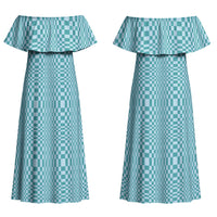 Cyan Filipino Binakol Motifs Couples Matching Off Shoulder Maxi Dress and Long Sleeve Button Shirt Mabuhay Philippines Festival Kusikus Pattern