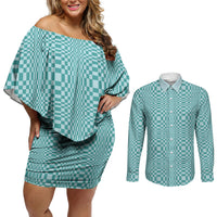 Cyan Filipino Binakol Motifs Couples Matching Off Shoulder Short Dress and Long Sleeve Button Shirt Mabuhay Philippines Festival Kusikus Pattern