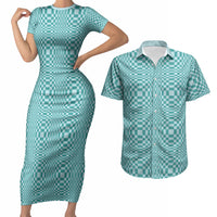 Cyan Filipino Binakol Motifs Couples Matching Short Sleeve Bodycon Dress and Hawaiian Shirt Mabuhay Philippines Festival Kusikus Pattern