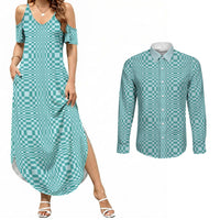 Cyan Filipino Binakol Motifs Couples Matching Summer Maxi Dress and Long Sleeve Button Shirt Mabuhay Philippines Festival Kusikus Pattern