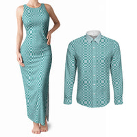 Cyan Filipino Binakol Motifs Couples Matching Tank Maxi Dress and Long Sleeve Button Shirt Mabuhay Philippines Festival Kusikus Pattern