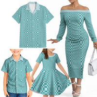 Cyan Filipino Binakol Motifs Family Matching Off The Shoulder Long Sleeve Dress and Hawaiian Shirt Mabuhay Philippines Festival Kusikus Pattern