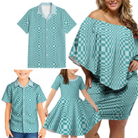 Cyan Filipino Binakol Motifs Family Matching Off Shoulder Short Dress and Hawaiian Shirt Mabuhay Philippines Festival Kusikus Pattern