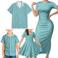 Cyan Filipino Binakol Motifs Family Matching Short Sleeve Bodycon Dress and Hawaiian Shirt Mabuhay Philippines Festival Kusikus Pattern