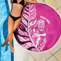 New Zealand Silver Fern Rugby Custom Beach Blanket All Black Maori Pattern Pink - Polynesian Pride