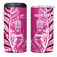 New Zealand Silver Fern Rugby Custom 4 in 1 Can Cooler Tumbler All Black Maori Pattern Pink - Polynesian Pride