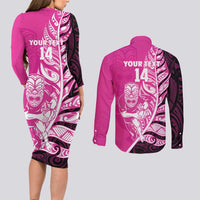New Zealand Silver Fern Rugby Custom Couples Matching Long Sleeve Bodycon Dress and Long Sleeve Button Shirt All Black Maori Pattern Pink - Polynesian Pride