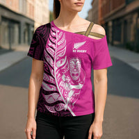 New Zealand Silver Fern Rugby Custom Cross Shoulder Shirt All Black Maori Pattern Pink - Polynesian Pride