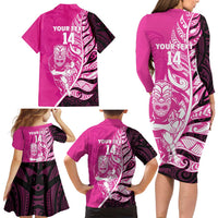 New Zealand Silver Fern Rugby Custom Family Matching Long Sleeve Bodycon Dress and Hawaiian Shirt All Black Maori Pattern Pink - Polynesian Pride