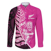 New Zealand Silver Fern Rugby Custom Family Matching Off The Shoulder Long Sleeve Dress and Hawaiian Shirt All Black Maori Pattern Pink - Polynesian Pride