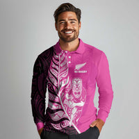 New Zealand Silver Fern Rugby Custom Long Sleeve Polo Shirt All Black Maori Pattern Pink - Polynesian Pride