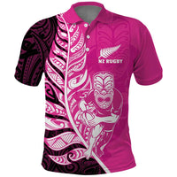 New Zealand Silver Fern Rugby Custom Polo Shirt All Black Maori Pattern Pink - Polynesian Pride