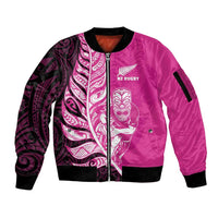 New Zealand Silver Fern Rugby Custom Sleeve Zip Bomber Jacket All Black Maori Pattern Pink - Polynesian Pride