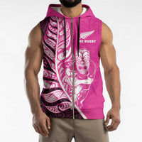 New Zealand Silver Fern Rugby Custom Sleeveless Zip Hoodie All Black Maori Pattern Pink - Polynesian Pride
