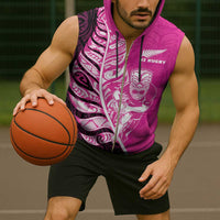 New Zealand Silver Fern Rugby Custom Sleeveless Zip Hoodie All Black Maori Pattern Pink - Polynesian Pride