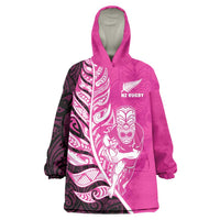 New Zealand Silver Fern Rugby Custom Wearable Blanket Hoodie All Black Maori Pattern Pink - Polynesian Pride