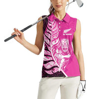 New Zealand Silver Fern Rugby Custom Women Sleeveless Polo Shirt All Black Maori Pattern Pink - Polynesian Pride