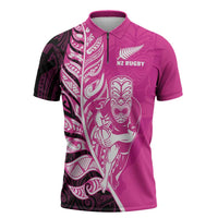 New Zealand Silver Fern Rugby Custom Zipper Polo Shirt All Black Maori Pattern Pink - Polynesian Pride