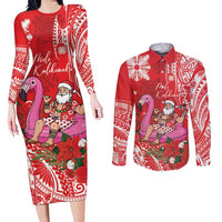 Personalized Hawaii Christmas Couples Matching Long Sleeve Bodycon Dress and Long Sleeve Button Shirt Mele Kalikimaka Chilling Shaka Santa Flamingo - Polynesian Pride
