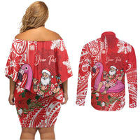 Personalized Hawaii Christmas Couples Matching Off Shoulder Short Dress and Long Sleeve Button Shirt Mele Kalikimaka Chilling Shaka Santa Flamingo - Polynesian Pride